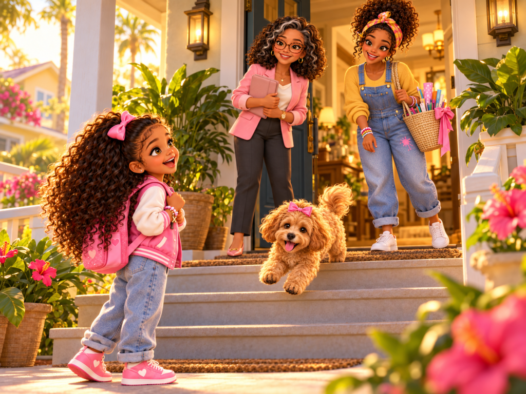 Xia and her puppy arrive at the front steps, where Grandma and Aunt Ryan welcome them.