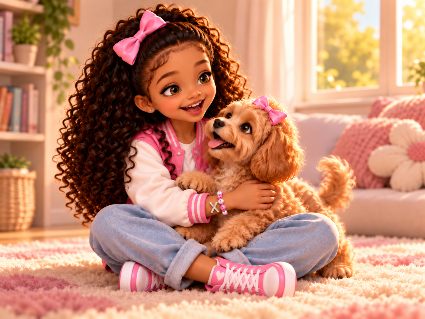 Xia cuddles her puppy in a warm sunlit room, wearing her sparkling X bracelet.