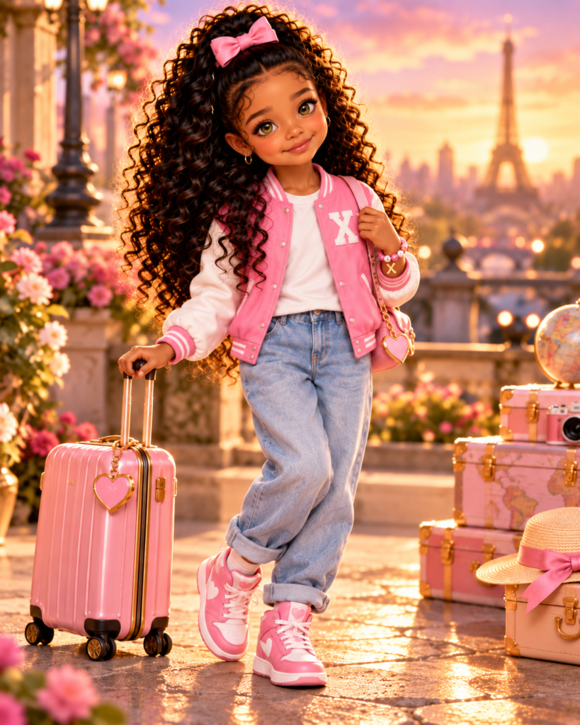 Xia in her pink varsity jacket with her suitcase in Paris at sunset.